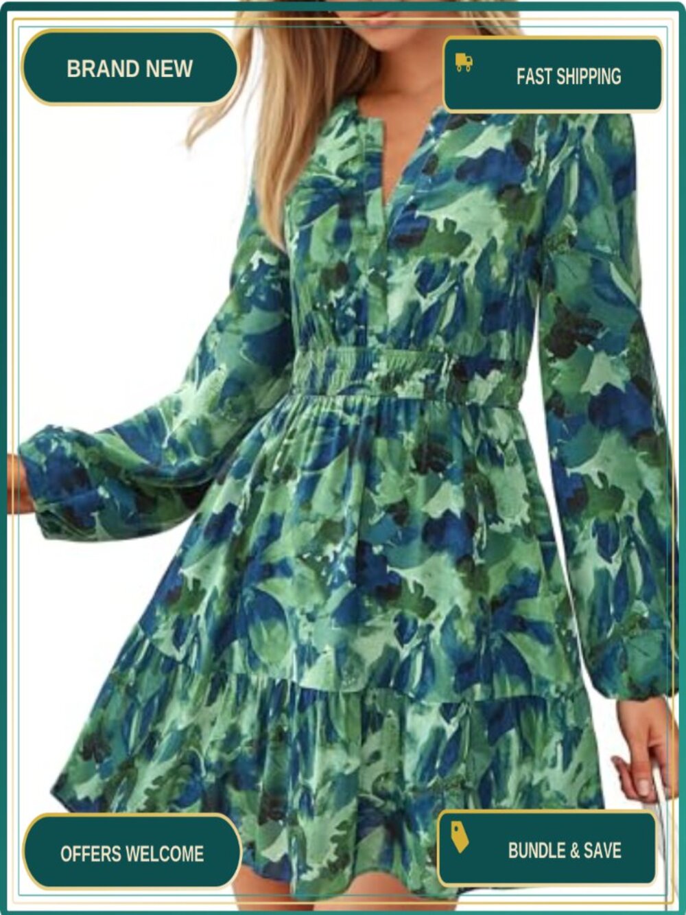 Floral Long Sleeve V-Neck Mini Dress with Pockets Tiered Ruffle Boho A-Line